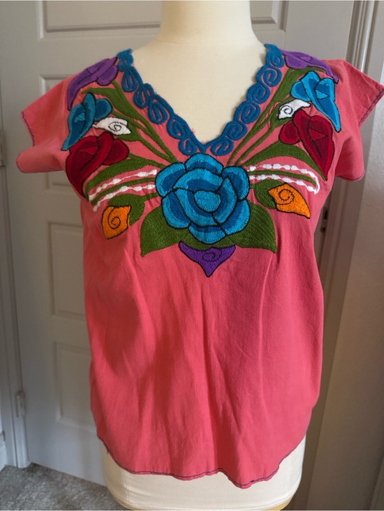Tops - Handmade Embroidered, Huipil Top- coral